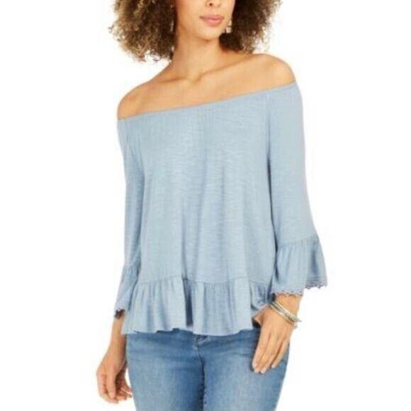 Style and Co Womens Peasant Top Blouse Off Shoulder Bell Sleeve Blue Small - Picture 2 of 11